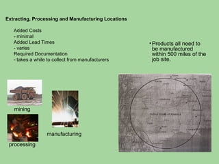 processing Products all need to be manufactured within 500 miles of the job site.  mining  manufacturing Extracting, Processing and Manufacturing Locations Added Costs - minimal Added Lead Times  - varies Required Documentation - takes a while to collect from manufacturers 