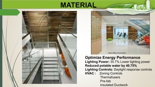Optimize Energy Performance
Lighting Power: 35.7% Lower lighting power
Reduced potable water by 40.75%
Lighting Controls: Daylight response controls
HVAC : Zoning Controls
Thermafusers
Pre-fab
Insulated Ductwork
Open office environment
MATERIAL
 
