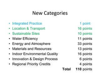 New Categories
• Integrated Practice 1 point
• Location & Transport 16 points
• Sustainable Sites 10 points
• Water Efficiency 11 points
• Energy and Atmosphere 33 points
• Materials and Resources 13 points
• Indoor Environmental Quality 16 points
• Innovation & Design Process 6 points
• Regional Priority Credits 4 points
Total 110 points
 