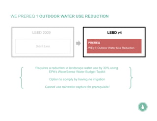 WE PREREQ 1 OUTDOOR WATER USE REDUCTION
Requires a reduction in landscape water use by 30% using
EPA’s WaterSense Water Budget Toolkit
Option to comply by having no irrigation
Cannot use rainwater capture for prerequisite!
LEED v4
WEp1: Outdoor Water Use Reduction
PREREQ
LEED 2009
Didn’t Exist
 