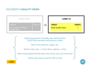 EQ CREDIT 8 QUALITY VIEWS
Added requirement for quality view, defined by the
LEED 2009 exemplary performance criteria
Much more definition, angles, etc.
Must be clear viewUno frits, fibers, patterns, or tints
Must include objects 25 feet away, flora, fauna, sky, and movement!
Interior atria may be used for 30% of area
LEED v4
EQc8: Quality Views
CREDIT
LEED 2009
EQ: Daylight and Views –
Quality Views
CREDIT POINTS
1
POINTS
1
v2009
 