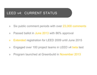» Six public comment periods with over 23,000 comments
» Passed ballot in June 2013 with 86% approval
» Extended registration for LEED 2009 until June 2015
» Engaged over 100 project teams in LEED v4 beta test
» Program launched at Greenbuild in November 2013
LEED v4: CURRENT STATUS
 