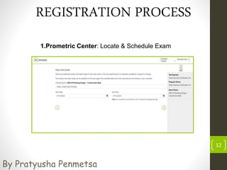 12
REGISTRATION PROCESS
1.Prometric Center: Locate & Schedule Exam
By Pratyusha Penmetsa
 