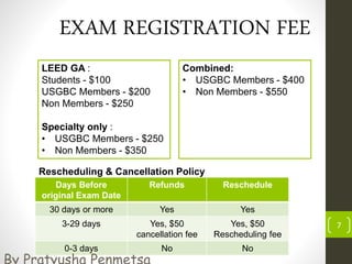 7
EXAM REGISTRATION FEE
LEED GA :
Students - $100
USGBC Members - $200
Non Members - $250
Specialty only :
• USGBC Members - $250
• Non Members - $350
Days Before
original Exam Date
Refunds Reschedule
30 days or more Yes Yes
3-29 days Yes, $50
cancellation fee
Yes, $50
Rescheduling fee
0-3 days No No
Rescheduling & Cancellation Policy
Combined:
• USGBC Members - $400
• Non Members - $550
 