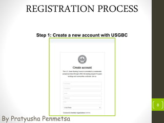 REGISTRATION PROCESS
8
Step 1: Create a new account with USGBC
By Pratyusha Penmetsa
 