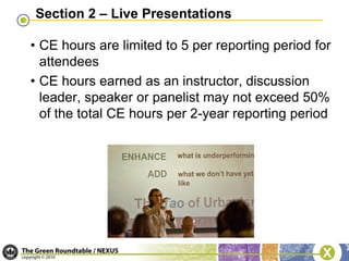 Obtaining the CE HoursLEED APs should only report activities that:Address topics outlined for each specialty in the CMP Guide Appendix A.  There are 7 categories for each specialty and numerous subcategories within those.  Obtaining the CE HoursLEED APs should only report activities that:Are selected by LEED APs for their own professional development to supplement knowledge in sustainable building, working with an integrated design team or specific specialties