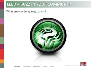 LEED – BUZZ IN YOUR COMMUNITY 
where art meets engineering 
What are you doing to go green? 
Overview Professional Categories Process Other 
 