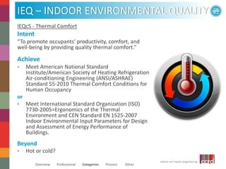 IEQ – INDOOR ENVIRONMENTAL QUALITY 
where art meets engineering 
IEQc5 - Thermal Comfort 
Intent 
“To promote occupants’ productivity, comfort, and 
well-being by providing quality thermal comfort.” 
Achieve 
• Meet American National Standard 
Institute/American Society of Heating Refrigeration 
Air-conditioning Engineering (ANSI/ASHRAE) 
Standard 55-2010 Thermal Comfort Conditions for 
Human Occupancy 
or 
• Meet International Standard Organization (ISO) 
7730-2005=Ergonomics of the Thermal 
Environment and CEN Standard EN 1525-2007 
Indoor Environmental Input Parameters for Design 
and Assessment of Energy Performance of 
Buildings. 
Beyond 
• Hot or cold? 
Overview Professional Categories Process Other 
 