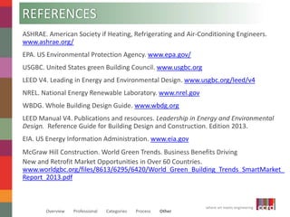 ASHRAE. American Society if Heating, Refrigerating and Air-Conditioning Engineers. 
www.ashrae.org/ 
EPA. US Environmental Protection Agency. www.epa.gov/ 
USGBC. United States green Building Council. www.usgbc.org 
LEED V4. Leading in Energy and Environmental Design. www.usgbc.org/leed/v4 
NREL. National Energy Renewable Laboratory. www.nrel.gov 
WBDG. Whole Building Design Guide. www.wbdg.org 
LEED Manual V4. Publications and resources. Leadership in Energy and Environmental 
Design. Reference Guide for Building Design and Construction. Edition 2013. 
EIA. US Energy Information Administration. www.eia.gov 
McGraw Hill Construction. World Green Trends. Business Benefits Driving 
New and Retrofit Market Opportunities in Over 60 Countries. 
www.worldgbc.org/files/8613/6295/6420/World_Green_Building_Trends_SmartMarket_ 
Report_2013.pdf 
where art meets engineering 
REFERENCES 
Overview Professional Categories Process Other 
 