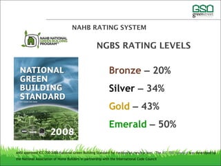 Bronze – 20%
Silver – 34%
Gold – 43%
Emerald – 50%
NAHB RATING SYSTEM
NGBS RATING LEVELS
ANSI approved ICC-700 2008 National Green Building Standard for residential construction.  The ICC-700 standard was developed by
the National Association of Home Builders in partnership with the International Code Council
 