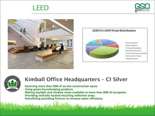 •Diverting more than 80% of on-site construction wasteDiverting more than 80% of on-site construction waste
•Using green housekeeping productsUsing green housekeeping products
•Making daylight and window views available to more than 90% of occupantsMaking daylight and window views available to more than 90% of occupants
•Providing centrally located recycling collection areasProviding centrally located recycling collection areas
•Retrofitting plumbing fixtures to increase water efficiencyRetrofitting plumbing fixtures to increase water efficiency
LEED
Kimball Office Headquarters – CI Silver
 
