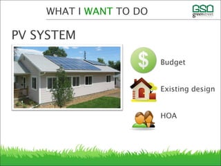 WHAT I WANT TO DO
PV SYSTEM
Budget
Existing design
HOA
 
