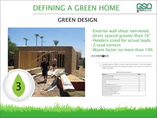 •Exterior wall shear non-wood
•Joists spaced greater than 16”
•Headers sized for actual loads
•2-stud corners
•Waste factor no more than 10%
3
DEFINING A GREEN HOME
GREEN DESIGN
 