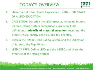 1. Share the LEED for Homes Experience – 2007 – THE START
OF A LEED EDUCATION
2. CASE STUDY: Describe the LEED process, including lessons
learned, rating system comparisons, green by LEED
definition, trade-offs of material selection, recycling, the
project costs, energy analysis, and tax benefits.
3. Explain the NAHB Green Rating System and the utilization
of it. And, the Top 10 lists
4. LEED GA PREP: Define LEED and the USGBC and share the
overview of the rating system
COMING UP > Myths | Why did I remodel a LEED house? | MRED | Existing home – no tear down | Preserve exterior walls
TODAY’S OVERVIEW
 