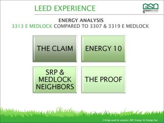 LEED EXPERIENCE
ENERGY ANALYSIS
3313 E MEDLOCK COMPARED TO 3307 & 3319 E MEDLOCK
3 things used for analysis; SRP; Energy 10; Energy Star
 