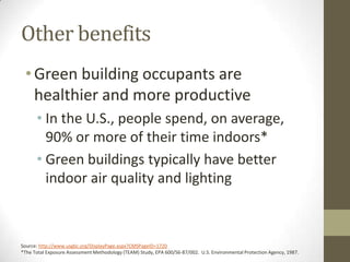 Other benefits
 • Green building occupants are
   healthier and more productive
      • In the U.S., people spend, on average,
        90% or more of their time indoors*
      • Green buildings typically have better
        indoor air quality and lighting



Source: http://www.usgbc.org/DisplayPage.aspx?CMSPageID=1720
*The Total Exposure Assessment Methodology (TEAM) Study, EPA 600/S6-87/002. U.S. Environmental Protection Agency, 1987.
 