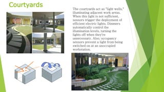 Courtyards 
The courtyards act as "light wells," 
illuminating adjacent work areas. 
When this light is not sufficient, 
sensors trigger the deployment of 
efficient electric lights. Dimmers 
automatically control the 
illumination levels, turning the 
lights off when they're 
unnecessary. Also, occupancy 
sensors prevent a light from being 
switched on at an unoccupied 
workstation. 
 