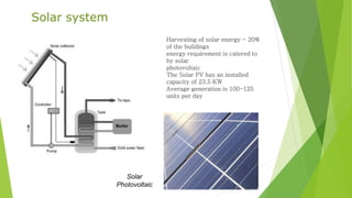 Harvesting of solar energy - 20% 
of the buildings 
energy requirement is catered to 
by solar 
photovoltaic 
The Solar PV has an installed 
capacity of 23.5 KW 
Average generation is 100-125 
units per day 
Solar system 
Solar 
Photovoltaic 
 
