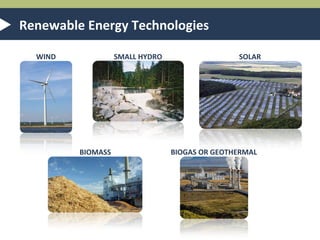 Benefits of Renewable Energy
 No harmful pollution
 Supports domestic energy
 Protects natural resources
 Fights global climate change
 Stimulates economic growth and job
creation
 Secures our energy future
 Improves health and safety
 Social responsibility

 