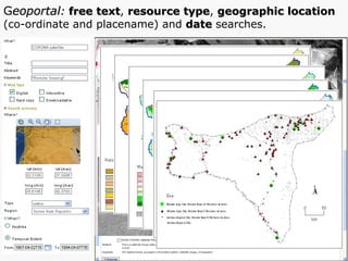 G eoportal :   free text ,  resource type ,  geographic location  (co-ordinate and placename) and  date  searches. 
