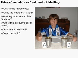 Think of metadata as food product labelling. What  are the ingredients? What  is the nutritional value? How  many calories and  how  much fat? When  is this product’s expiry date? Where  was it produced? Who  produced it? 