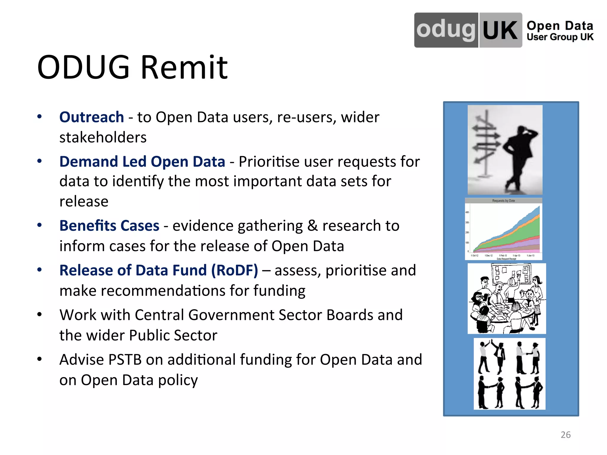 ODUG	
  Remit	
  
•  Outreach	
  -­‐	
  to	
  Open	
  Data	
  users,	
  re-­‐users,	
  wider	
  
stakeholders	
  	
  
•  Demand	
  Led	
  Open	
  Data	
  -­‐	
  PrioriLse	
  user	
  requests	
  for	
  
data	
  to	
  idenLfy	
  the	
  most	
  important	
  data	
  sets	
  for	
  
release	
  
•  Beneﬁts	
  Cases	
  -­‐	
  evidence	
  gathering	
  &	
  research	
  to	
  
inform	
  cases	
  for	
  the	
  release	
  of	
  Open	
  Data	
  
•  Release	
  of	
  Data	
  Fund	
  (RoDF)	
  –	
  assess,	
  prioriLse	
  and	
  
make	
  recommendaLons	
  for	
  funding	
  
•  Work	
  with	
  Central	
  Government	
  Sector	
  Boards	
  and	
  
the	
  wider	
  Public	
  Sector	
  
•  Advise	
  PSTB	
  on	
  addiLonal	
  funding	
  for	
  Open	
  Data	
  and	
  
on	
  Open	
  Data	
  policy	
  	
  
26	
  
 