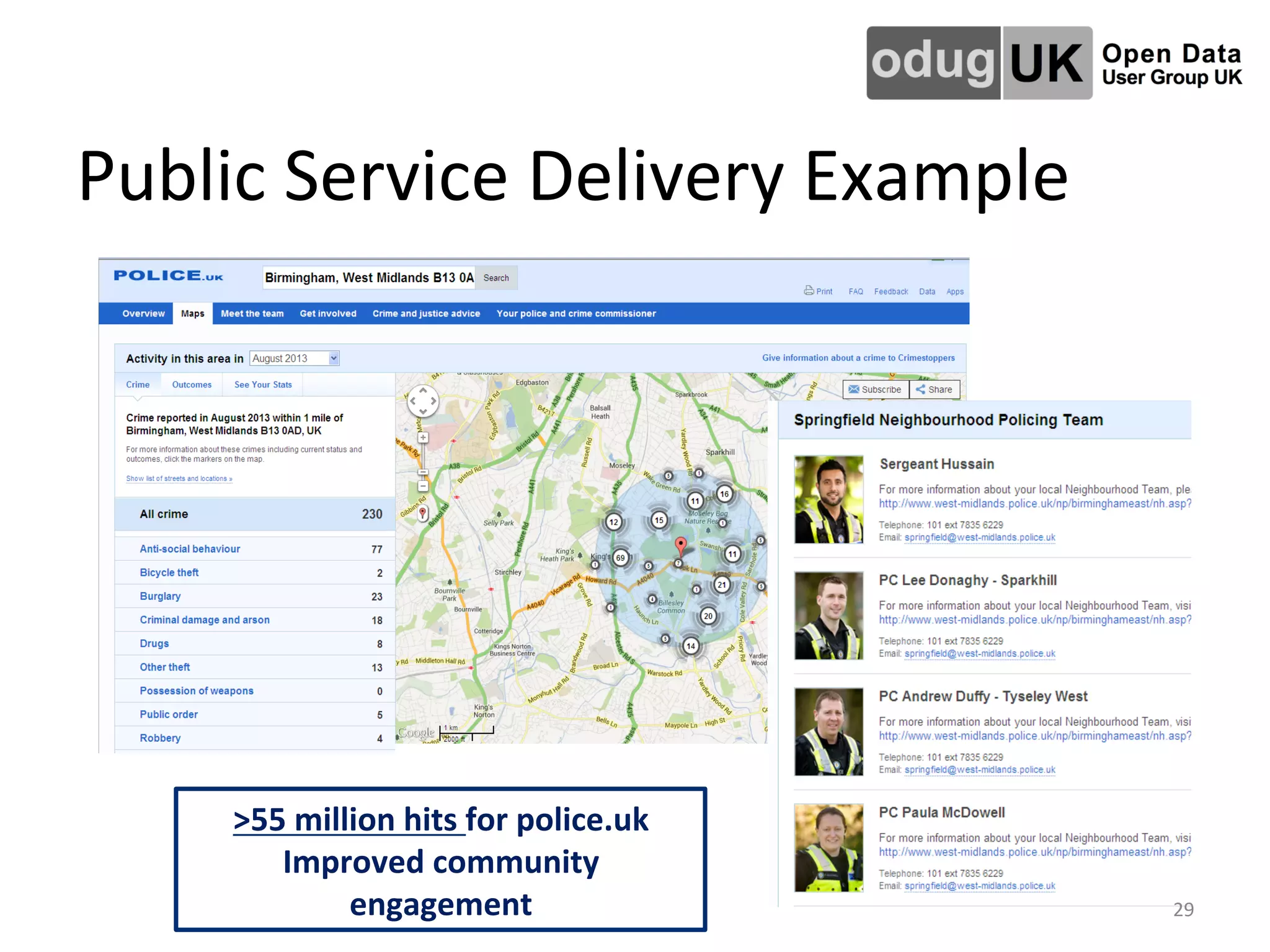 Public	
  Service	
  Delivery	
  Example	
  
>55	
  million	
  hits	
  for	
  police.uk	
  
Improved	
  community	
  
engagement	
   29	
  
 