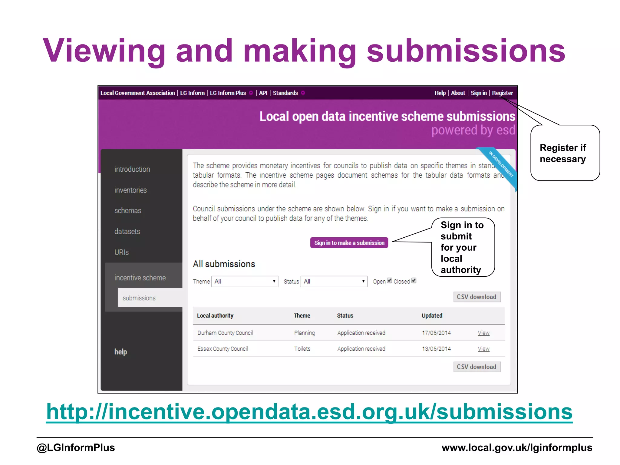 www.local.gov.uk/lginformplus@LGInformPlus
Viewing and making submissions
http://incentive.opendata.esd.org.uk/submissions
Register if
necessary
Sign in to
submit
for your
local
authority
 