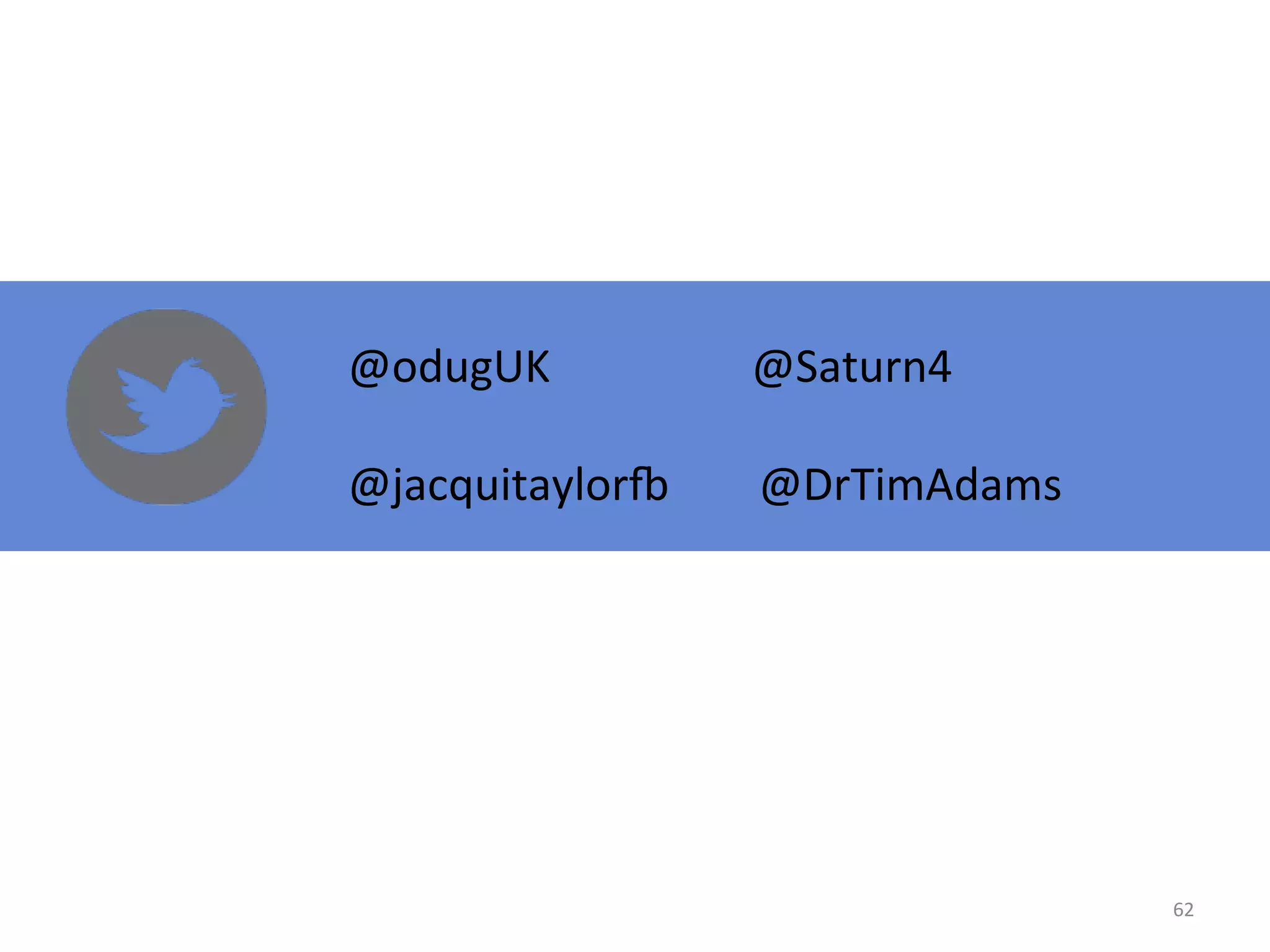 62	
  
	
   	
   	
   	
   	
   	
   	
  	
  @odugUK	
  	
  	
  	
  	
  	
  	
  	
  	
  	
  	
  	
  	
  	
  	
  	
  	
  	
  @Saturn4	
  	
  
	
  
@jacquitaylorp	
  	
  	
  	
  	
  	
  	
  	
  @DrTimAdams	
  
 