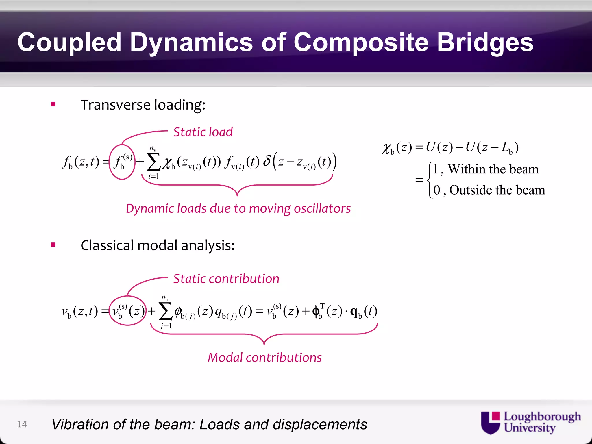 Coupled Dynamics of Composite Bridges 
! Transverse(loading:( 
n 
Static(load( 
( ) v 
= (s) 
+Σ − 
f ( z , t ) f χ ( z ( t )) f ( t ) δ z z ( t 
) 
i i i 
b b b v( ) v( ) v( ) 
= 
1 
i 
Dynamic(loads(due(to(moving(oscillators( 
! Classical(modal(analysis:( 
χ z =U z −U z − L 
b b ( ) ( ) ( ) 
1, Within the beam 
0 , Outside the beam 
⎧ 
=⎨⎩ 
b 
= (s) +Σ = (s) + φ T 
⋅q 
v z t v z φ z q t v z z t 
( , ) ( ) ( ) ( ) ( ) ( ) ( ) 
b b b( ) b( ) b b b 
1 
n 
j j 
j 
= 
Static(contribution( 
Modal(contributions( 
14 
Vibration of the beam: Loads and displacements 
 