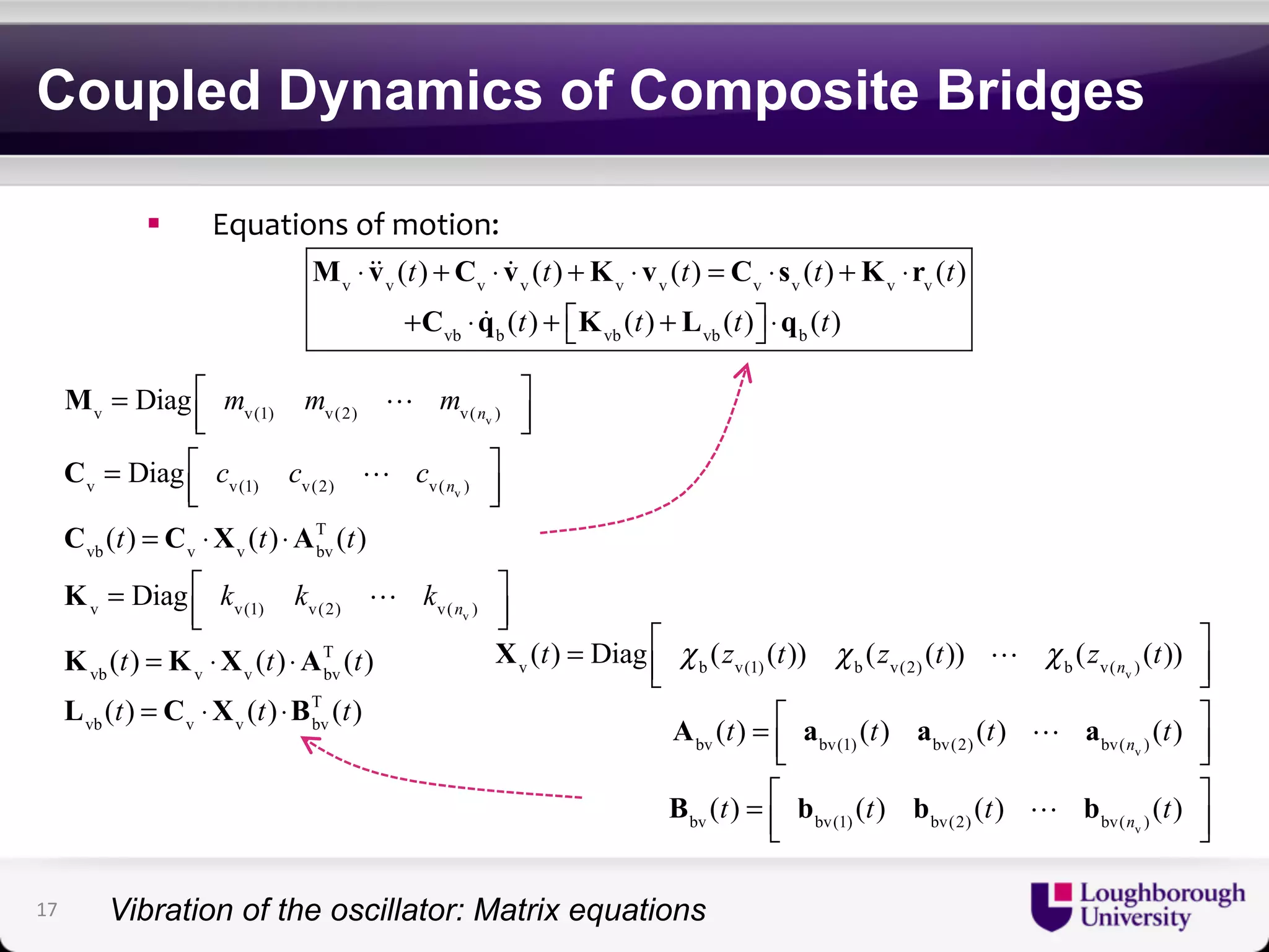 Coupled Dynamics of Composite Bridges 
! Equations*of*motion:* 
Mv ⋅ vv (t) +Cv ⋅ vv (t) +Kv ⋅ vv (t) = Cv ⋅sv (t) +Kv ⋅rv (t) 
+Cvb ⋅ qb (t) + Kvb (t) + Lvb (t) ⎡⎣ 
⎤⎦ 
⋅qb (t) 
⎡⎣⎢ 
Mv = Diag mv(1) mv(2)  mv(nv ) 
⎤⎦⎥ 
⎡⎣⎢ 
Cv = Diag cv(1) cv(2)  cv(nv ) 
⎤⎦⎥ 
T (t) 
Cvb (t) = Cv ⋅Xv (t) ⋅Abv 
⎡⎣⎢ 
Kv = Diag kv(1) kv(2)  kv(nv ) 
⎤⎦⎥ 
T (t) 
Kvb (t) = Kv ⋅Xv (t) ⋅Abv 
T (t) 
Lvb (t) = Cv ⋅Xv (t) ⋅Bbv 
Xv (t) = Diag χ b (zv(1) (t)) χ b (zv(2) (t))  χ b (zv(nv ) (t)) ⎡⎣⎢ 
⎤⎦⎥ 
Abv (t) = abv(1) (t) abv(2) (t)  abv(nv ) (t) ⎡⎣⎢ 
⎤⎦⎥ 
Bbv (t) = bbv(1) (t) bbv(2) (t)  bbv(nv ) (t) ⎡⎣⎢ 
⎤⎦⎥ 
17 
Vibration of the oscillator: Matrix equations 
 