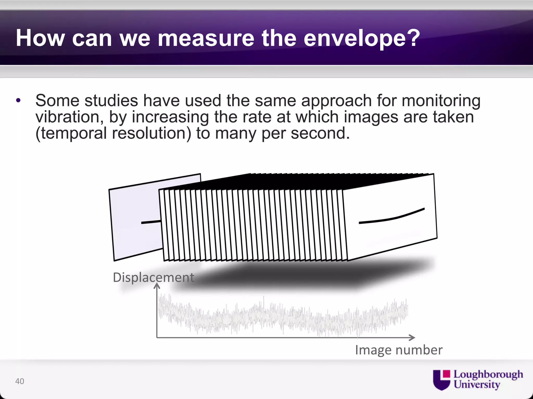 How can we measure the envelope? 
• Some studies have used the same approach for monitoring 
vibration, by increasing the rate at which images are taken 
(temporal resolution) to many per second. 
Displacement 
Image 
number 
40 
 