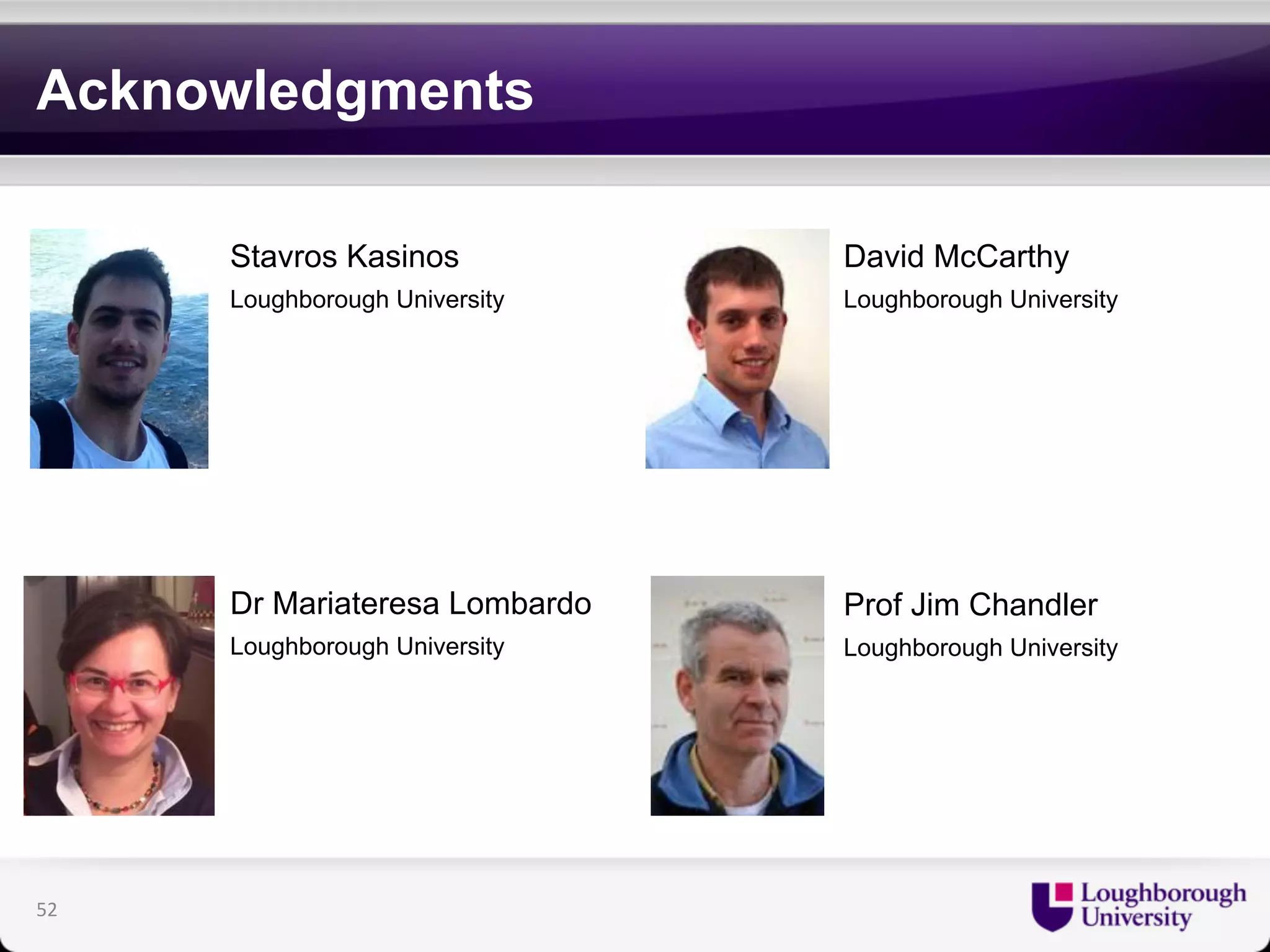 Acknowledgments 
52 
Stavros Kasinos 
Loughborough University 
Dr Mariateresa Lombardo 
Loughborough University 
David McCarthy 
Loughborough University 
Prof Jim Chandler 
Loughborough University 
 