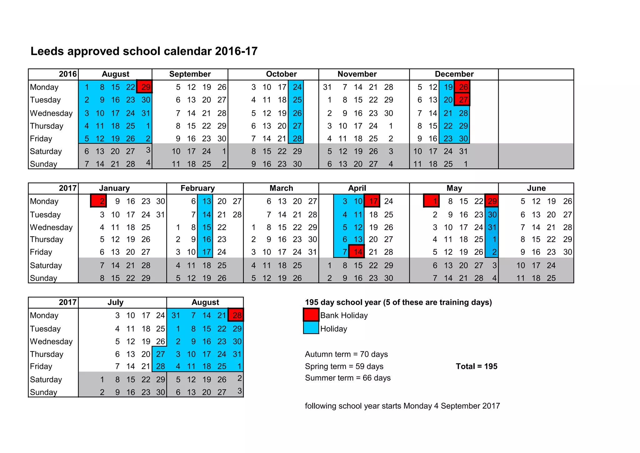 Leeds school calendar 2016 2017 PDF