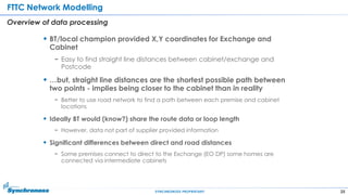 25SYNCHRONOSS PROPRIETARY
FTTC Network Modelling
Overview of data processing
 BT/local champion provided X,Y coordinates for Exchange and
Cabinet
− Easy to find straight line distances between cabinet/exchange and
Postcode
 …but, straight line distances are the shortest possible path between
two points - implies being closer to the cabinet than in reality
− Better to use road network to find a path between each premise and cabinet
locations
 Ideally BT would (know?) share the route data or loop length
− However, data not part of supplier provided information
 Significant differences between direct and road distances
− Some premises connect to direct to the Exchange (EO DP) some homes are
connected via intermediate cabinets
 