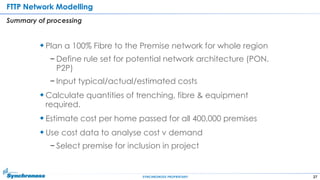 27SYNCHRONOSS PROPRIETARY
FTTP Network Modelling
Summary of processing
Plan a 100% Fibre to the Premise network for whole region
− Define rule set for potential network architecture (PON,
P2P)
− Input typical/actual/estimated costs
Calculate quantities of trenching, fibre & equipment
required.
Estimate cost per home passed for all 400,000 premises
Use cost data to analyse cost v demand
− Select premise for inclusion in project
 