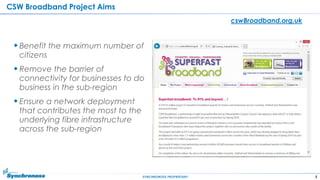 5SYNCHRONOSS PROPRIETARY
CSW Broadband Project Aims
Benefit the maximum number of
citizens
Remove the barrier of
connectivity for businesses to do
business in the sub-region
Ensure a network deployment
that contributes the most to the
underlying fibre infrastructure
across the sub-region
cswBroadband.org.uk
 