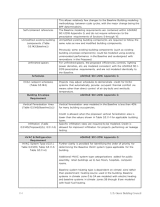 114 U.S. Green Building Council
This allows relatively few changes to the Baseline Building modeling
methodology between code cycles, with the major change being the
BPF determinations.
Self-contained references The Baseline modeling requirements are contained within ASHRAE
90.1-2016 Appendix G, and do not require references to the
prescriptive requirements of Sections 5 through 10.
Unmodified existing building
components (Table
G3.1#2(Baseline))
Unmodified existing building components are required to follow the
same rules as new and modified building components.
Previously some existing building components (such as existing
building envelope components) could be modeled using existing
unrenovated performance in the Baseline and as-designed with
renovations in the Proposed.
Unfinished spaces For unfinished spaces, the proposed efficiencies, controls, lighting
power densities, etc. are modeled consistent with the ASHRAE 90.1-
2016 prescriptive requirements, and are not modeled identically to
the Baseline.
Schedules ASHRAE 90.1-2016 Appendix G
HVAC setpoint schedules
(Table G3.1#4)
Projects may adjust schedules to demonstrate credit for HVAC
systems that automatically provide occupant thermal comfort via
means other than direct control of air dry-bulb and wet-bulb
temperature.
Building Envelope
Requirement
ASHRAE 90.1-2016 Appendix G
Vertical Fenestration Area
(Table G3.1#5(Baseline)(c))
Vertical fenestration area modeled in the Baseline is less than 40%
for many building occupancies.
Credit is allowed when the proposed vertical fenestration area is
lower than the values shown in Table G3.1.1-1 for applicable building
types.
Infiltration (Table
G3.1#5(Proposed)(b), G3.1.1.4)
Specific infiltration rates are required to be modeled. Credit is
allowed for improved infiltration for projects performing air leakage
testing.
HVAC & Refrigeration
Requirement
ASHRAE 90.1-2016 Appendix G
HVAC System Type (G3.1.1,
Table G3.1#10, Table G3.1.1-3,
Table G3.1.1-4)
Further clarity is provided for identifying the order of priority for
determining the Baseline HVAC system types applicable for the
building.
Additional HVAC system type categorizations added for public
assembly, retail buildings up to two floors, hospitals, computer
rooms.
Baseline system heating type is dependent on climate zone rather
than predominant heating source used in the building. Baseline
systems in climate zone 0 to 3A are modeled with electric heating
and baseline systems in climate zones 3B through 8 are modeled
with fossil fuel heating.
 