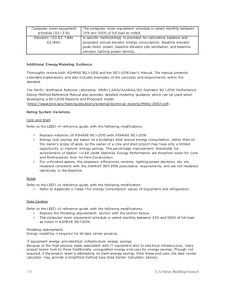 116 U.S. Green Building Council
Computer room equipment
schedule (G3.1.3.16)
The computer room equipment schedule is varied monthly between
25% and 100% of full load as noted.
Elevators (G3.9.2, Table
G3.1#16)
A specific methodology is provided for calculating baseline and
proposed annual elevator energy consumption, Baseline elevator
peak motor power, baseline elevator cab ventilation, and baseline
elevator lighting power density.
Additional Energy Modeling Guidance
Thoroughly review both ASHRAE 90.1–2016 and the 90.1–2016 User’s Manual. The manual presents
extended explanations and also includes examples of the concepts and requirements within the
standard.
The Pacific Northwest National Laboratory (PNNL) ANSI/ASHRAE/IES Standard 90.1-2016 Performance
Rating Method Reference Manual also provides detailed modeling guidance which can be used when
developing a 90.1-2016 Baseline and Proposed model
(https://www.pnnl.gov/main/publications/external/technical_reports/PNNL-26917.pdf).
Rating System Variations
Core and Shell
Refer to the LEED v4 reference guide, with the following modifications:
 Replace instances of ASHRAE 90.1–2010 with ASHRAE 90.1–2016
 Energy cost savings are based on a building’s total annual energy consumption, rather than on
the owner’s scope of work, so the owner of a core and shell project may have only a limited
opportunity to improve energy savings. The percentage improvement thresholds for
achievement of Option 1 in EA credit Optimize Energy Performance are therefore lower for Core
and Shell projects than for New Construction.
 For unfinished spaces, the proposed efficiencies, controls, lighting power densities, etc. are
modeled consistent with the ASHRAE 90.1-2016 prescriptive requirements, and are not modeled
identically to the Baseline.
Retail
Refer to the LEED v4 reference guide, with the following modification:
 Refer to Appendix 3. Table 1 for energy consumption values of equipment and refrigeration.
Data Centers
Refer to the LEED v4 reference guide, with the following modifications:
 Replace the Modeling requirements section with the section below.
 The computer room equipment schedule is varied monthly between 25% and 100% of full load
as noted in ASHRAE 90.1-2016.
Modeling requirements
Energy modeling is required for all data center projects.
IT equipment energy and electrical infrastructure energy savings
Because of the high process loads associated with IT equipment and its electrical infrastructure, many
project teams look to these traditionally unregulated energy end uses for energy savings. Though not
required, if the project team is attempting to claim energy savings from these end uses, the data center
calculator may provide a simplified method (see Data Center Calculator, below).
 