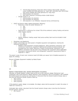 130 U.S. Green Building Council
 Thermal Mass Enclosure: More than 70% of opaque above-grade wall area
meets ASHRAE 90.1-2016 definition for “mass wall”; and more than 70% of floor
area meets ASHRAE 90.1-2016 definition for “mass floor”
 25% Envelope UA reduction
 50% SHGC reduction (including window shade factors)
o Climate Zones 3 – 8:
 25% Envelope UA reduction
 50% Envelope UA reduction
 25% reduction in air infiltration measured during commissioning
 HVAC and Service Water Heating Equipment Efficiency:
o Reduction in total fan power allowance of:
 15%
 30%
 45%
o Improvement in efficiency for at least 75% of the combined cooling, heating, and service
water heating capacity
 10%
 20%
 30%
o Electric resistance heating except heat pump auxiliary heat must be included in total
capacity.
 Equipment and Appliances:
 Install a percentage (by rated power) of eligible equipment and appliances meeting the
following requirements:
o ENERGY STAR equipment including appliances, office equipment, electronics, and
commercial food service equipment (lighting and building envelope products are
excluded from this credit). (Electronic Product Environmental Assessment Tool
(EPEAT) equipment may be used in lieu of Energy Star equipment where applicable).
o Prescriptive commercial kitchen and refrigeration equipment requirements listed in
Appendix 3, Table 1.
The project scope of work must include at least 0.25 Watts per square foot of eligible equipment to
apply this strategy.
Percent of Eligible Equipment Installed by Rated Power:
 20%
 40%
 60%
 80%
 100%
OR
Option 4. Data Centers only– System Optimization (1-3 points)
Calculate an Overall Systems Design Value as the sum of the maximum design Mechanical Load
Component (MLC) and maximum design Electrical Load Component (ELC) in accordance with ASHRAE
90.4-2016 Section 6.2, Section 8.2, and Section 11. Document that the Overall Systems Design value is
less than the Maximum Overall Systems Value by:
 10% (1 point)
 20% (2 points)
 30% (3 points)
*If the electrical system design is incomplete, the design values shall be assumed to match the values in
Table 8.2.1.1 and 8.2.1.2.
Collocated data centers: document that the Overall Systems Design value is less than the Maximum
Overall Systems Value by:
 6% (1 point)
 