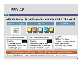 LEED AP
12


LEED credentials for professionals administered by the GBCI
       LEED Green Associate                               LEED AP                                   LEED Fellow




     2 h multiple choice test                2+2 h multiple choice test                 Eligibility:
                                                                                        -LEED AP for 8 years
     Eligibility:          fees              Eligibility:              fees             -10 years experience in the
     -Project experience
      Project                                -Documented experience
                                              Documented                                green building field
     -Sustainable field of work              with registered or certified               -Nominated by at least 4
     -Education program                      project within last 3 years                endorsers

          Credential maintenance: LEED GA 15 CE hours; LEED AP 30 CE hours within 24 months
     Seminars (ERB), LEED project work, self-study, college course, credentials, volunteer / committee work, …
 