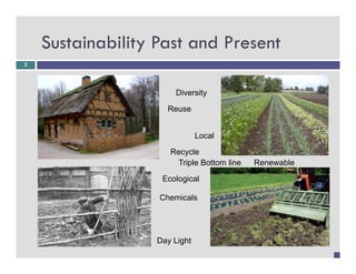 Sustainability Past and Present
                 y
3




                      Diversity

                    Reuse


                              Local

                     Recycle
                      Triple Bottom line   Renewable

                   Ecological

                   Chemicals




                  Day Light
 
