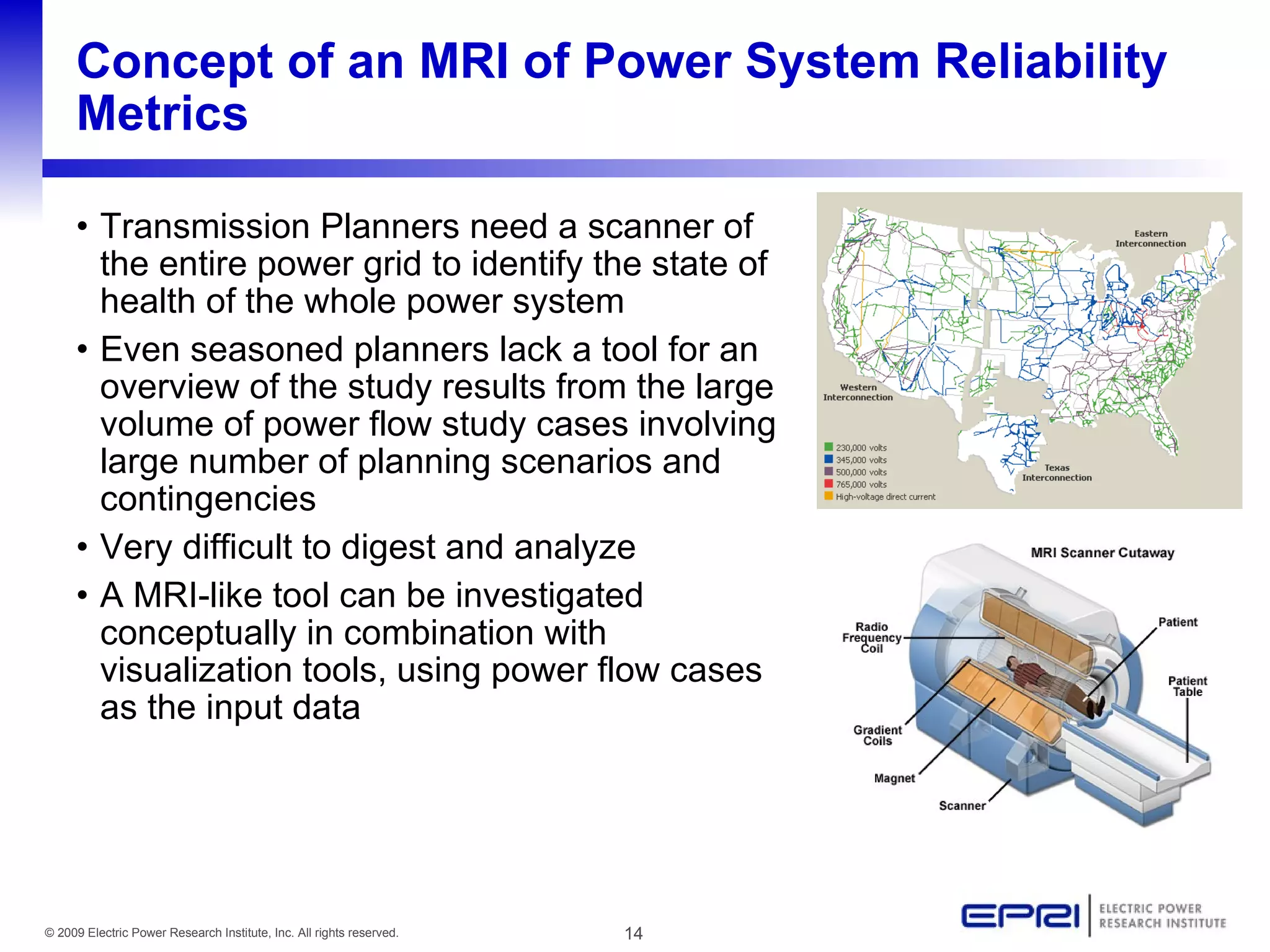 Concept of an MRI of Power System Reliability
     Metrics

     • Transmission Planners need a scanner of
       the entire power grid to identify the state of
       health of the whole power system
     • Even seasoned planners lack a tool for an
       overview of the study results from the large
       volume of power flow study cases involving
       large number of planning scenarios and
       contingencies
     • Very difficult to digest and analyze
     • A MRI-like tool can be investigated
       conceptually in combination with
       visualization tools, using power flow cases
       as the input data




© 2009 Electric Power Research Institute, Inc. All rights reserved.   14
 