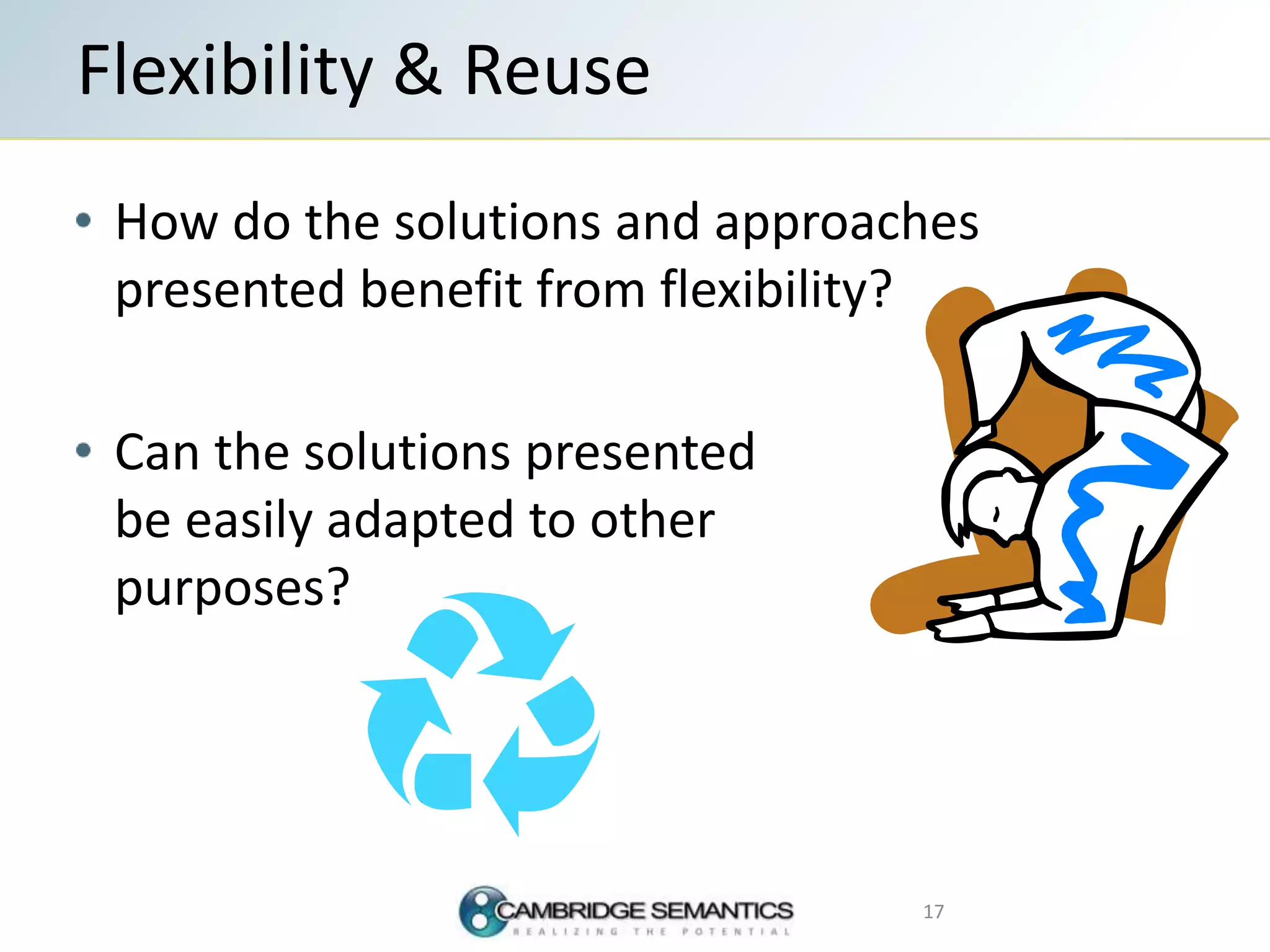 How do the solutions and approaches
presented benefit from flexibility?
Can the solutions presented
be easily adapted to other
purposes?
Flexibility & Reuse
17
 