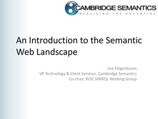 An Introduction to the Semantic
Web Landscape
Lee Feigenbaum
VP Technology & Client Services, Cambridge Semantics
Co-chair, W3C SPARQL Working Group
 