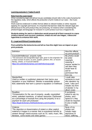 Learning outcome 2: Tasks D and E
Note from the exam board
When considering legal and ethical issues candidates should refer to the code of practice for
the regulatory body, which affects the production of print media (in our case – the music
industry).
Work could be evidenced in written format, letters to relevant bodies or online requests
applying for copyright permission. It is important that learners relate the relevant legal and
ethical issue to the print product they are producing, for instance when considering the
photos/images and language for inclusion in a print product such as a magazine etc.
Students aiming for merit or distinction would present all of their research in a more
creative manner such as prezi, powtoom, emaze etc and use images, videos and
hyperlinks to enhance their work.
D - Legal and Ethical Considerations
Find out/define the below terms and tell us how this might have an impact on your
print products.
Definition How this effects
my print product?
Copyright/intellectual property rights
“The exclusive and assignable legal right, given to the originator for
a fixed number of years, to print, publish, perform, film, or record
literary, artistic, or musical material.”
https://en.oxforddictionaries.com/definition/copyright
My photos would
be under
copyright,
meaning if
anyone wanted to
use them they
would have to
ask for
permission first
from me.
Slander/libel
Libel is a written or published statement that harms your
reputation or your livelihood. Slander is essentially spoken
libel, statements that harm a person’s reputation or livelihood.
I could take
someone to court
who slanders my
work. I also can’t
include any form
of slander in my
album cover.
Royalties
“Compensation for the use of property, usually copyrighted
works, patented inventions, or natural resources. Expressed
as a percentage of receipts from using the property or as a
payment for each unit produced.”
https://legal-dictionary.thefreedictionary.com/royalties
If somebody
asked to use my
photos, and I
agree to it, they
would be required
to pay a royalty
fee.
Violence
“The depiction or dissemination of violent or other explicit
material or images in a manner that is considered harmful to
viewers through media sources such as TV, radio, music, film,
literature, comic books and video games.”
None of my
photos can
include major
depictions of
blood, suffering,
 