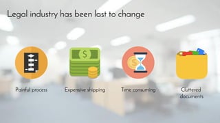 Legal industry has been last to change
Painful process Expensive shipping Time consuming Cluttered
documents
 