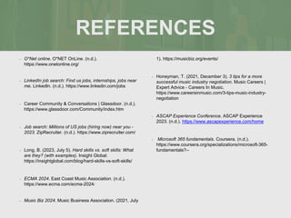 REFERENCES
- O*Net online. O*NET OnLine. (n.d.).
https://www.onetonline.org/
- LinkedIn job search: Find us jobs, internships, jobs near
me. LinkedIn. (n.d.). https://www.linkedin.com/jobs
- Career Community & Conversations | Glassdoor. (n.d.).
https://www.glassdoor.com/Community/index.htm
- Job search: Millions of US jobs (hiring now) near you -
2023. ZipRecruiter. (n.d.). https://www.ziprecruiter.com/
- Long, B. (2023, July 5). Hard skills vs. soft skills: What
are they? (with examples). Insight Global.
https://insightglobal.com/blog/hard-skills-vs-soft-skills/
- ECMA 2024. East Coast Music Association. (n.d.).
https://www.ecma.com/ecma-2024/
- Music Biz 2024. Music Business Association. (2021, July
1). https://musicbiz.org/events/
- Honeyman, T. (2021, December 3). 3 tips for a more
successful music industry negotiation. Music Careers |
Expert Advice - Careers In Music.
https://www.careersinmusic.com/3-tips-music-industry-
negotiation
- ASCAP Experience Conference. ASCAP Experience
2023. (n.d.). https://www.ascapexperience.com/home
- Microsoft 365 fundamentals. Coursera. (n.d.).
https://www.coursera.org/specializations/microsoft-365-
fundamentals?--
 