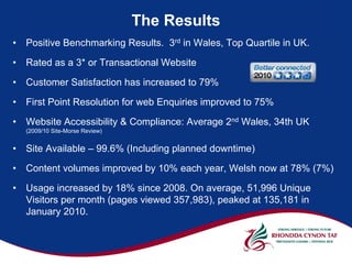 The Results
•   Positive Benchmarking Results. 3rd in Wales, Top Quartile in UK.

•   Rated as a 3* or Transactional Website

•   Customer Satisfaction has increased to 79%

•   First Point Resolution for web Enquiries improved to 75%

•   Website Accessibility & Compliance: Average 2nd Wales, 34th UK
    (2009/10 Site-Morse Review)


•   Site Available – 99.6% (Including planned downtime)

•   Content volumes improved by 10% each year, Welsh now at 78% (7%)

•   Usage increased by 18% since 2008. On average, 51,996 Unique
    Visitors per month (pages viewed 357,983), peaked at 135,181 in
    January 2010.
 