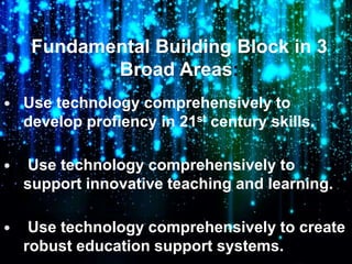 Fundamental Building Block in 3
Broad Areas:
 Use technology comprehensively to
develop profiency in 21st century skills....
